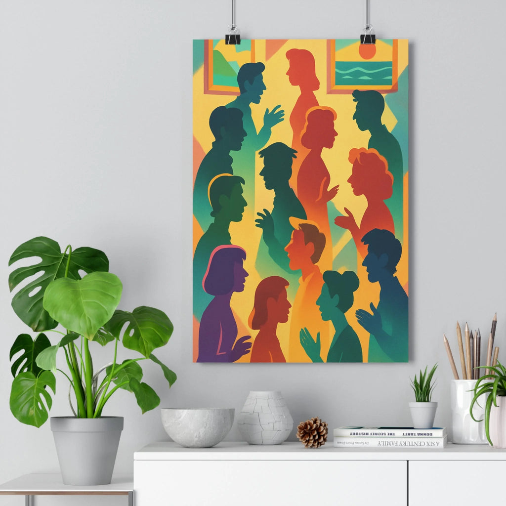 Poster décoratif moderne silhouettes colorées bleu orange vert cartoon surréaliste salon bureau dynamique intrigant