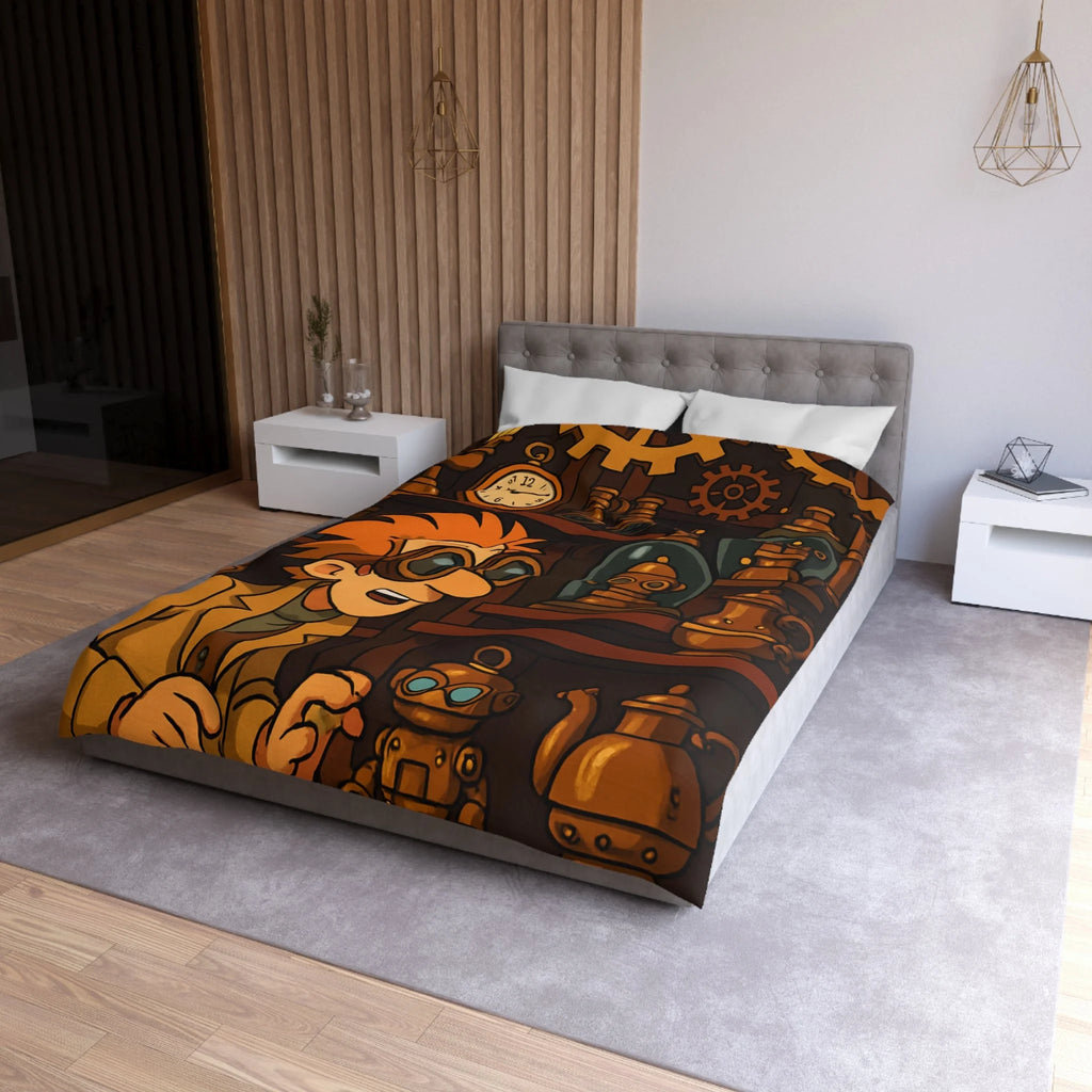 Housse de couette steampunk avec engrenages dorés et inventeur aux lunettes futuristes