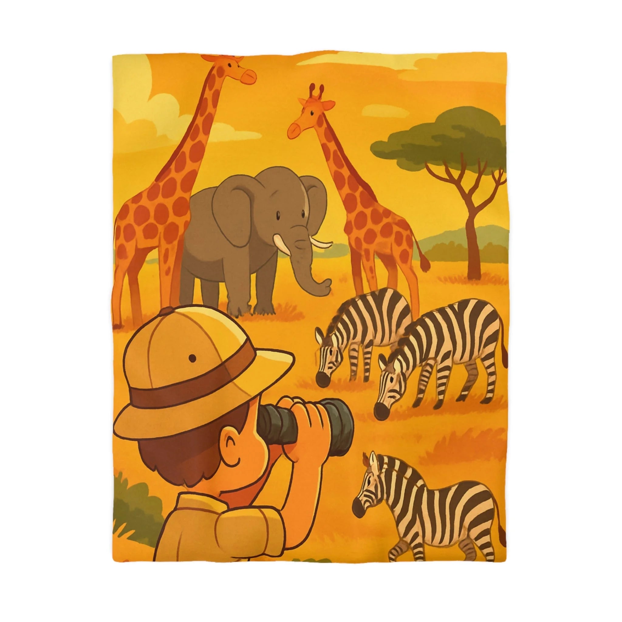 Housse de couette safari enfant avec éléphant, girafes et zèbres dans savane ensoleillée