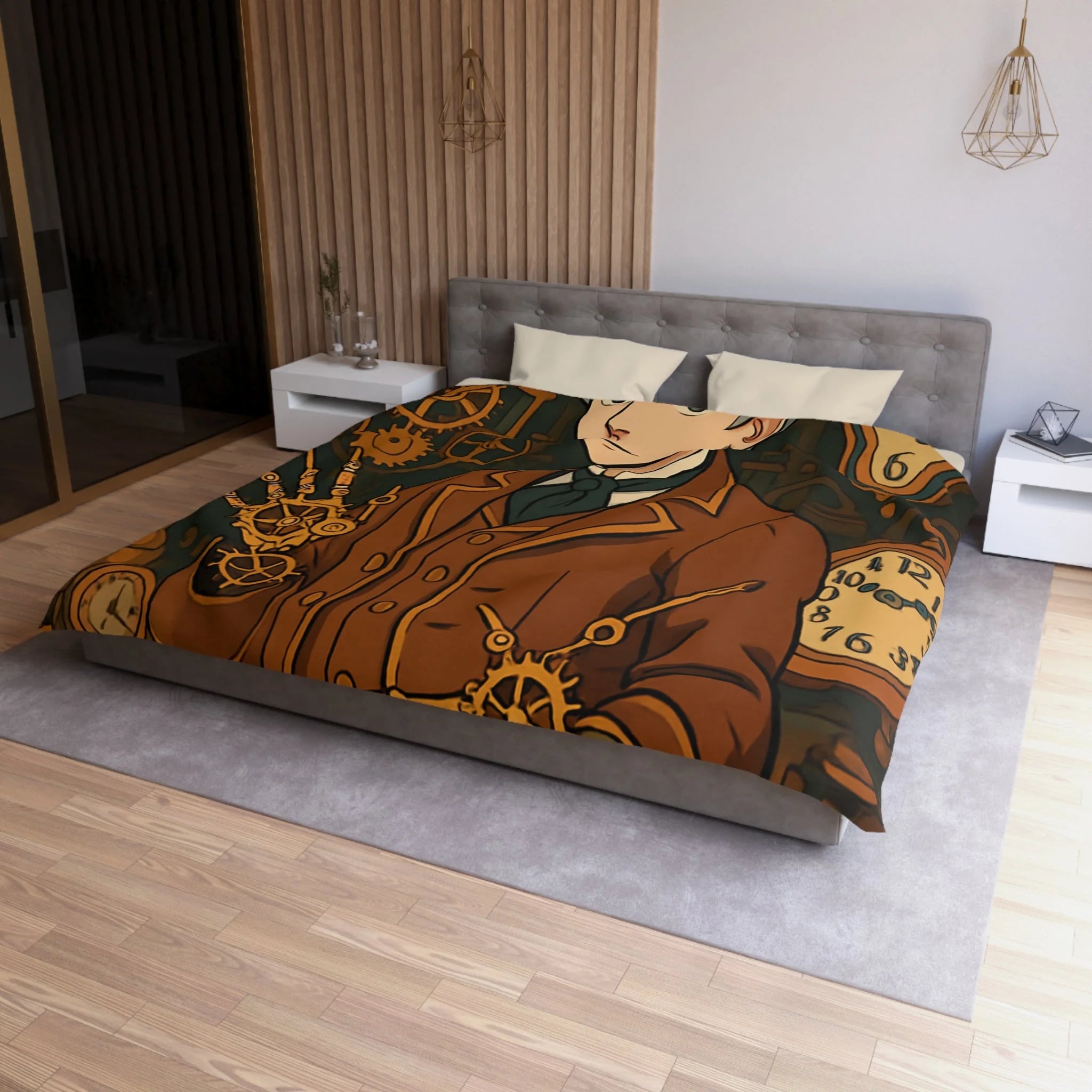 Housse de couette steampunk avec horloges et personnage stylé en tenue victorienne