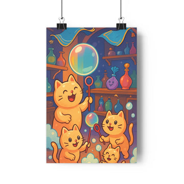 Poster cartoon chats orange bulles savon potions magiques étagères bouteilles bleu joyeuse fantastique émotion jeu aventure chambre salon