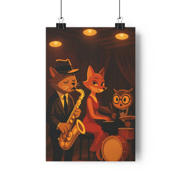 Poster jazz rétro chat saxophone renarde piano hibou percussions lumière dorée ambiance chaleureuse club intime cartoon expressions détaillées