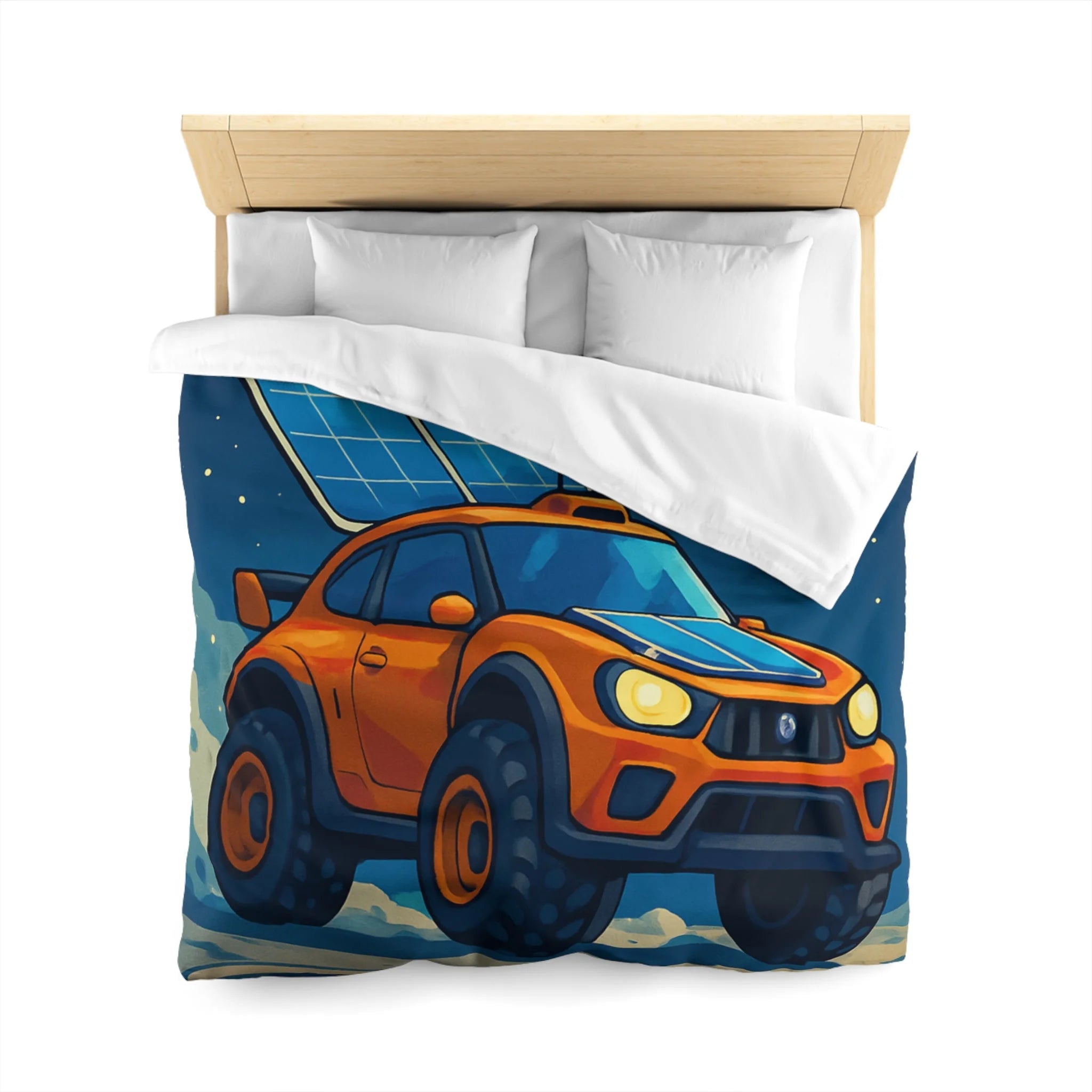 Housse de couette spatiale avec voiture orange et robots sur fond lunaire captivant