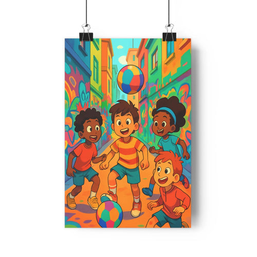 Poster enfants jouant ballon rue colorée graffiti vêtements lumineux ambiance joyeuse cartoon couleurs saturées style graphique dynamique chambre salon