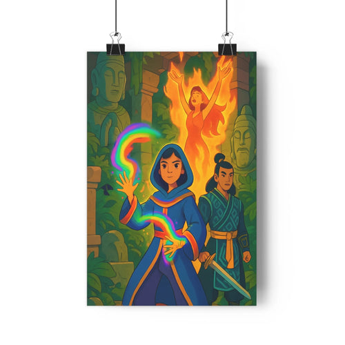 Poster mystique personnages traditionnels robe bleue flamme multicolore forêt statues plantes luxuriante ambiance magique nature fantastique salon chambre