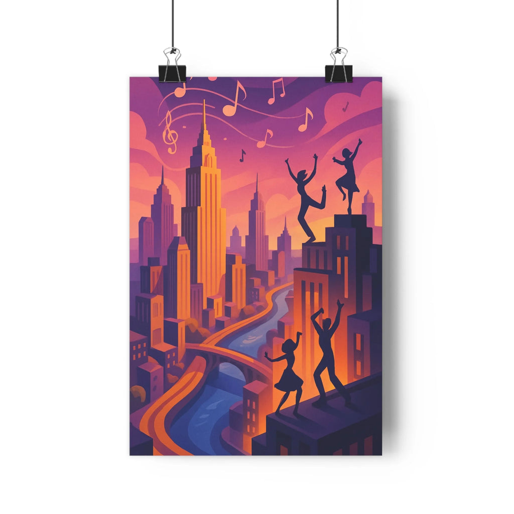Poster décoratif urbanisme animé violet orange dessin cartoon dynamique chaleureux salon intérieur vibrant artistique