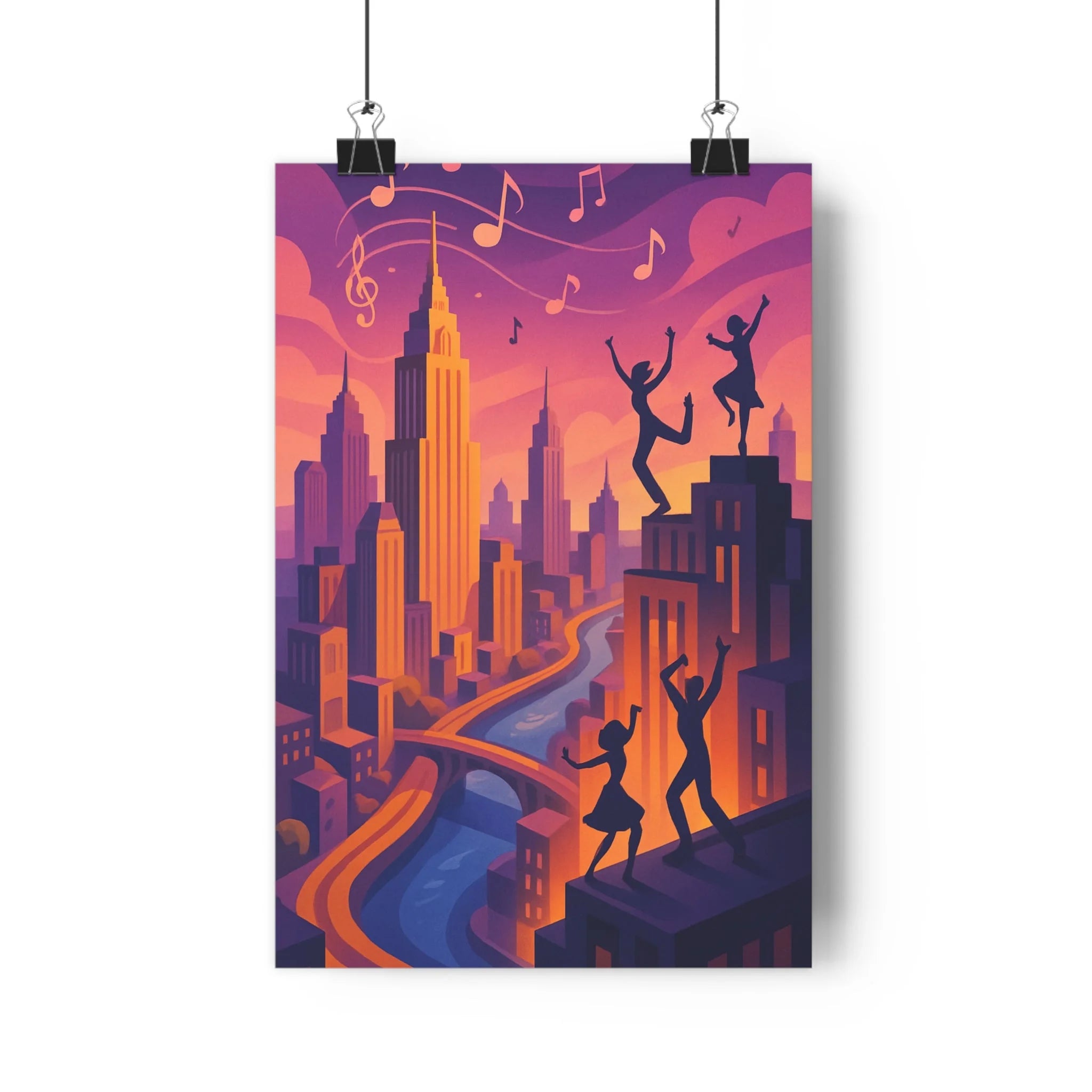 Poster décoratif urbanisme animé violet orange dessin cartoon dynamique chaleureux salon intérieur vibrant artistique
