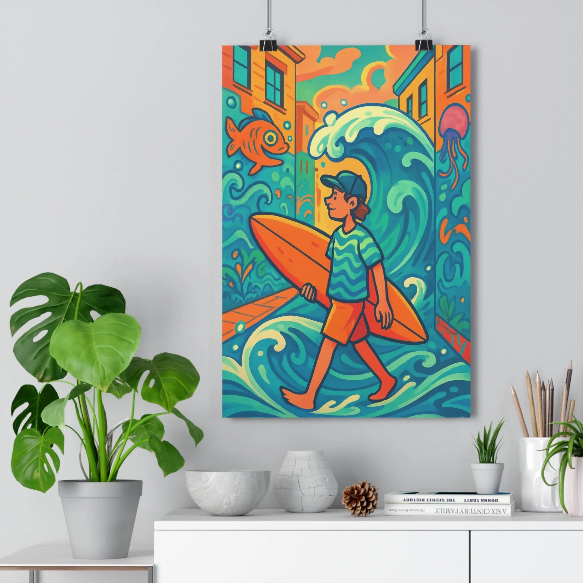 Poster décoratif cartoon surf urbain bleu orange vert salon chambre énergie ludique dynamique qualité
