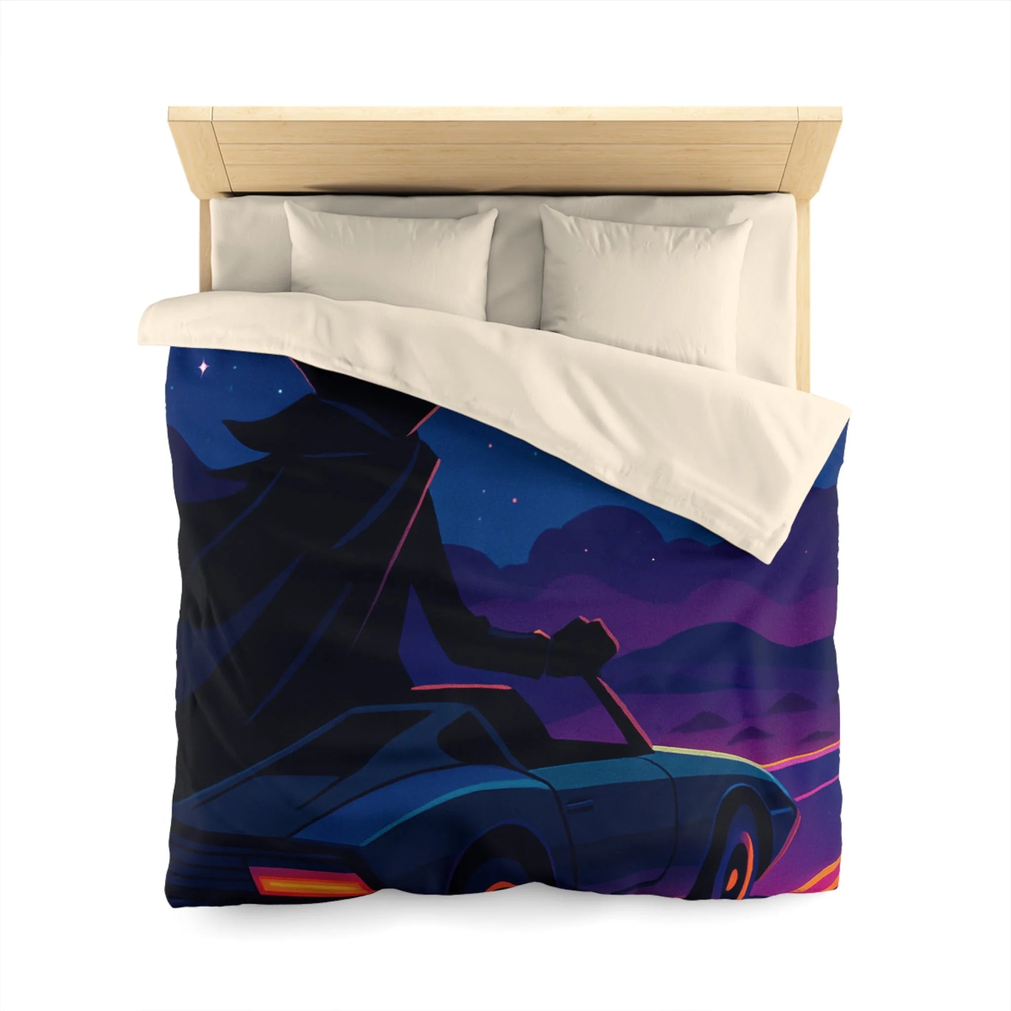 Housse de couette rétro avec constellations et voiture sous ciel étoilé et planète