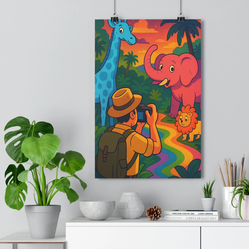 Poster décoratif safari cartoon coloré exotique joyeux enfant girafe éléphant lion jungle vibrant qualité