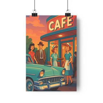 Poster vintage café rencontre personnages serveuse voiture classique arbres couchant bleu rouge chaleureux salon chambre