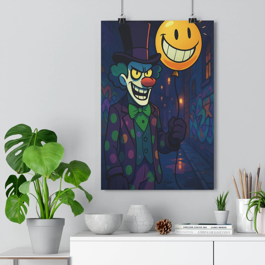 Poster décoratif clownesque violet jaune cartoon amusant espiègle chambre enfant moderne graffiti urbain ludique