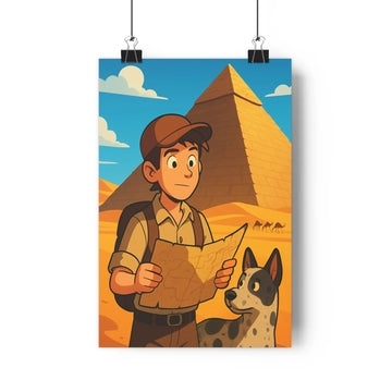 Poster aventure explorateur carte pyramide chien nuages dromadaires bureau étagère plantes plumes ambiance cartoon couleurs vives découverte intérieur désertique