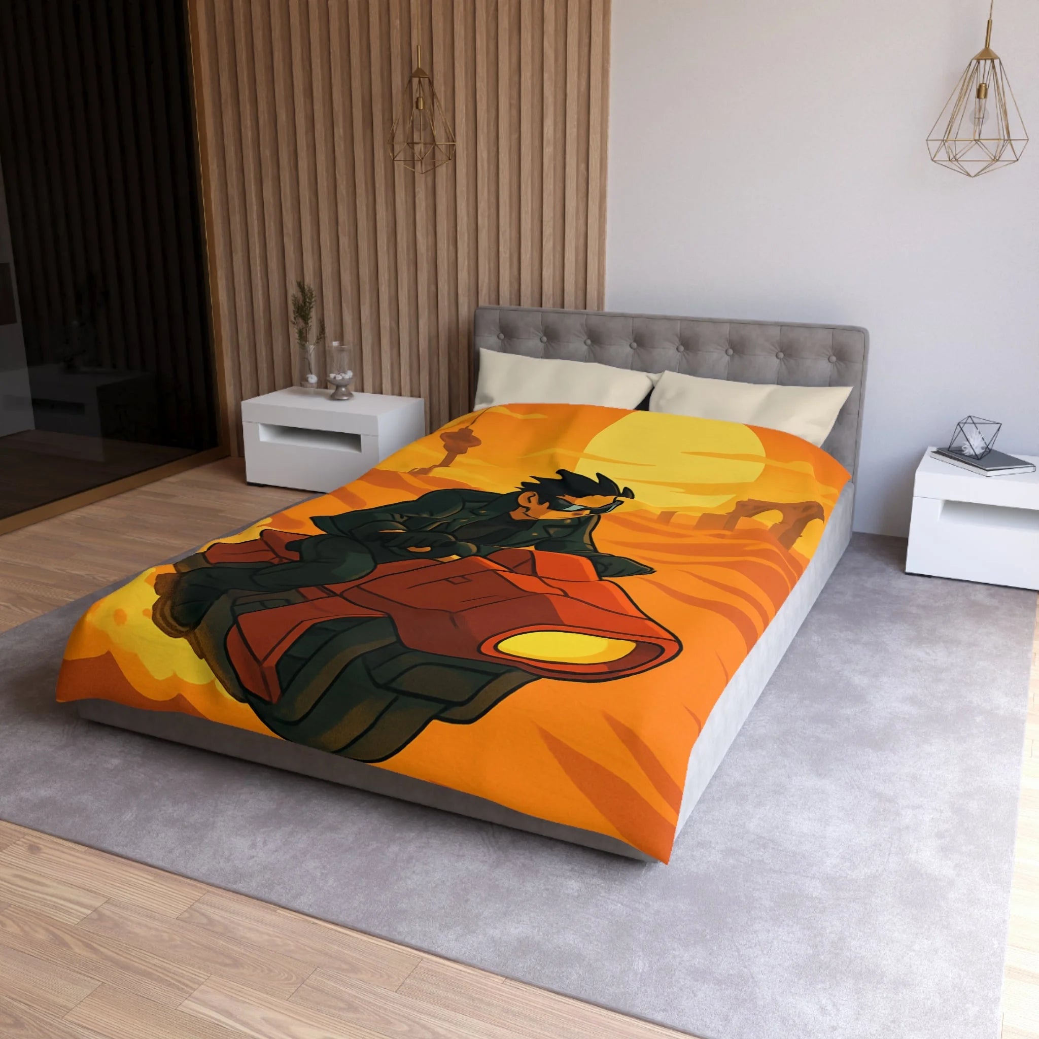 Housse de couette moto futuriste sur désert orangé avec soleil couchant et ruines