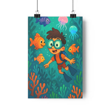 Poster décoratif enfant coloré lumineux dessin animé joyeux chambre poissons méduses coraux sousmarin qualité
