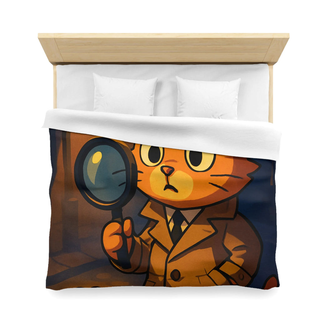 Housse de couette motif chat détective illustré avec lampe et empreinte mystérieuse