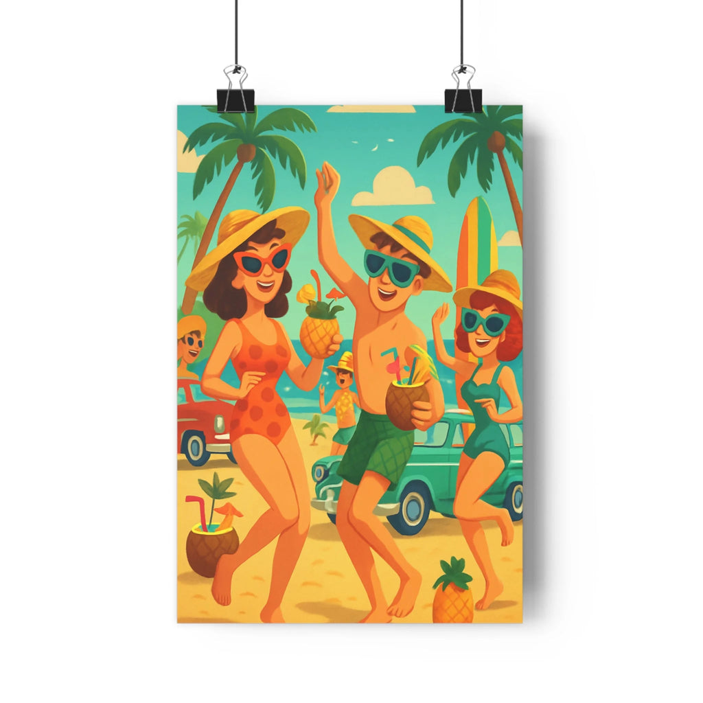 Poster tropical joyeux plage cocktail palmiers fruits cocotiers ciel bleu jaune contour net couleur vive ambiance festive salon chambre