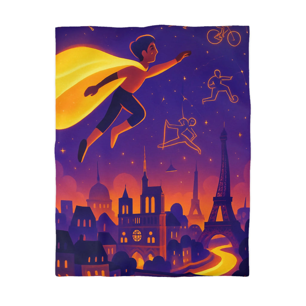 Housse de couette rêve parisien avec super-héros et constellations sportives lumineuses