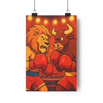 Poster lion taureau boxe ring plant verte lumière dorée ambiance intense cartoon couleurs chaudes tension sport chambre salon