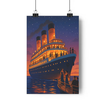 Poster paquebot illuminé ciel étoile océan calme pont personnes ambiance nostalgique graphique vintage bleu rose paisible luxueux salon chambre