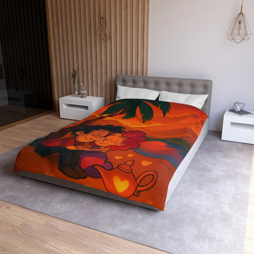 Housse de couette romantique avec couple câlin et coucher de soleil magique désertique