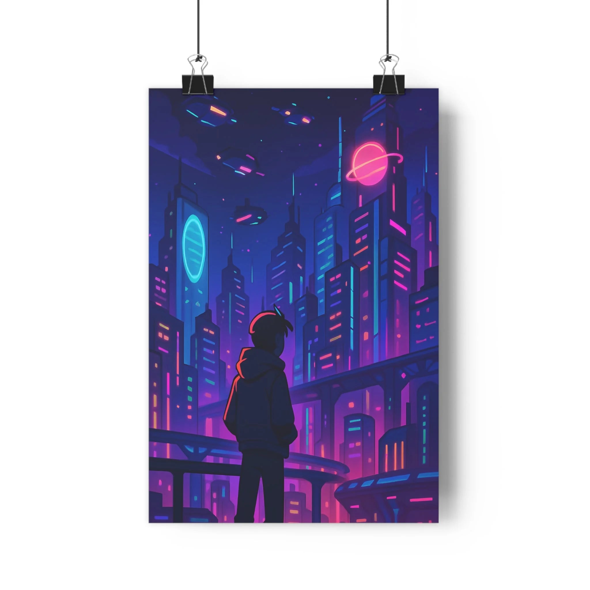 Poster décoratif futuriste cyberpunk néons bleu rose violet mystique salon chambre dynamique moderne premium