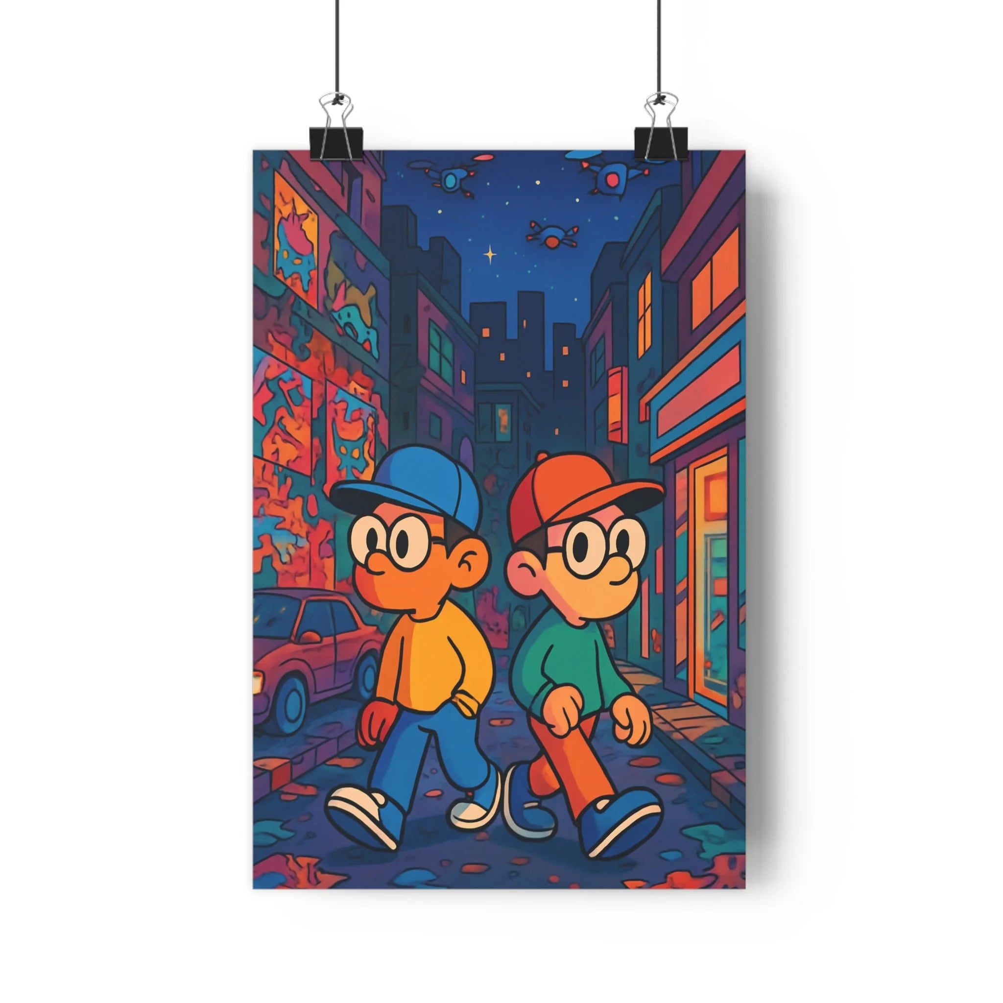 Poster décoratif cartoon urbain vibrant néons futuriste coloré salon chambre moderne design tendance dynamique