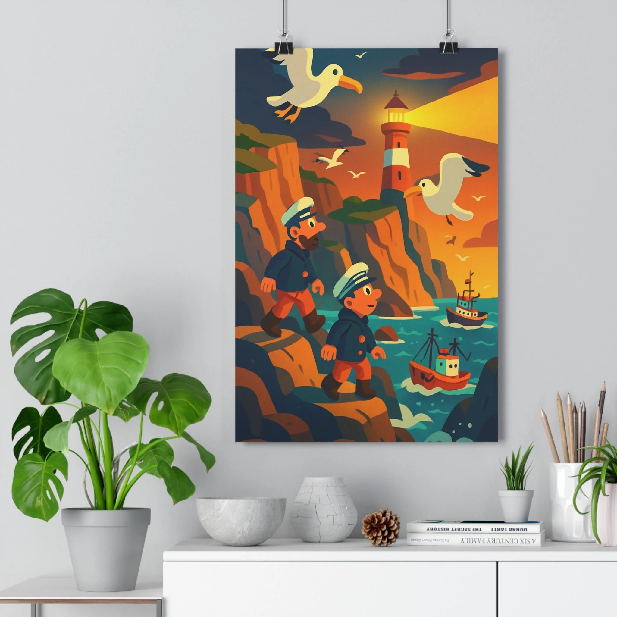 Poster décoratif cartoon bleu vert marin aventure Bretagne chambre salon nautique vibrant coloré unique