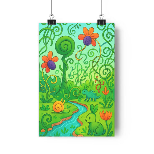 Poster naturel fantastique arbre feuilles vertes fleur orange lapin escargot rivière bleue fantaisie joyeuse contemporain salon chambre minimaliste cartoon