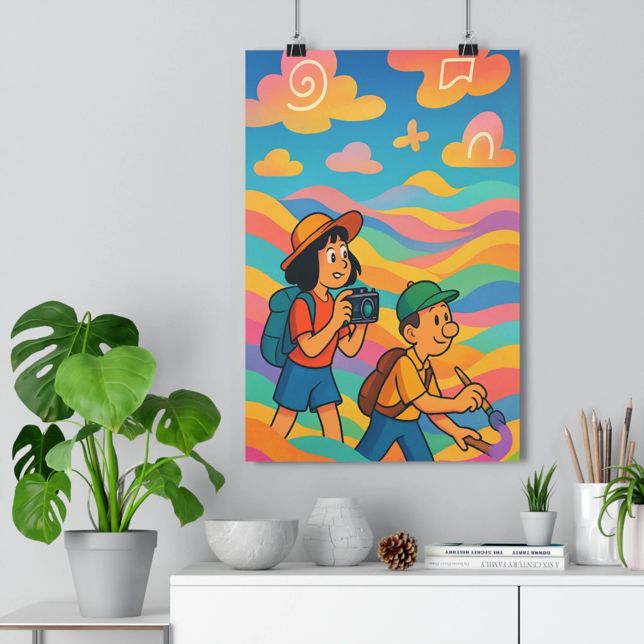 Poster décoratif animé surréaliste joyeux coloré garçon fille pinceau photo vagues nuages chambre qualité