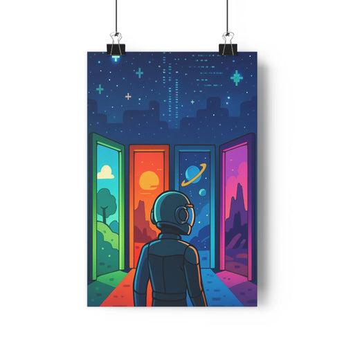 Poster astronaute portes paysage arboré couchersoleil planète anneau montagne nuit étoiles constellations bleu vert orange violet moderne minimaliste vibrant