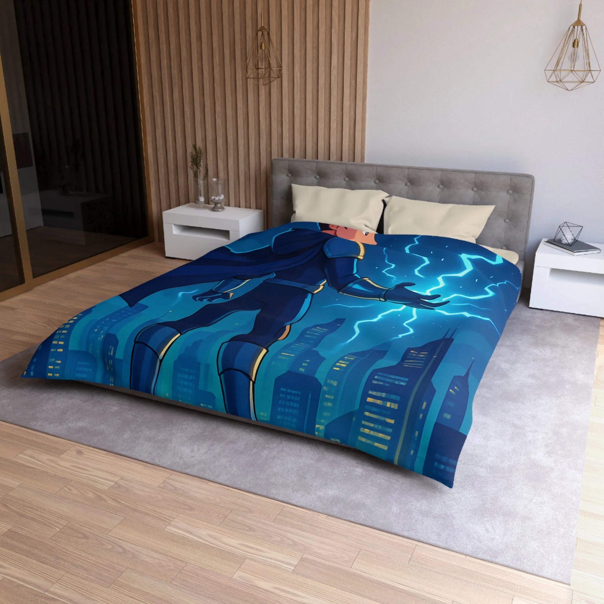 Housse de couette super-héros nocturne avec pouvoirs électriques et drones futuristes urbains