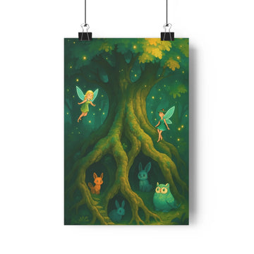 Poster féeries forêt nuit ailes translucides racines vertes lumières dorées conte de fées ambiance magique salon chambre vibrant qualité