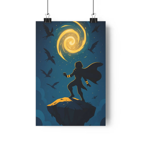 Poster mystique silhouette personnage cape bâtonne chauves-souris soleil spiral bleu noir jaune énigmatique simple linéaire chambre salon