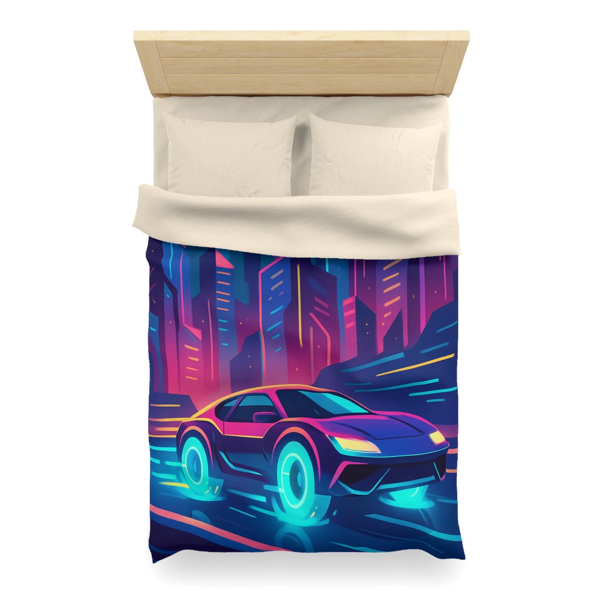 Parure de lit futuriste avec voiture néon sous lune pleine en ville vibrante