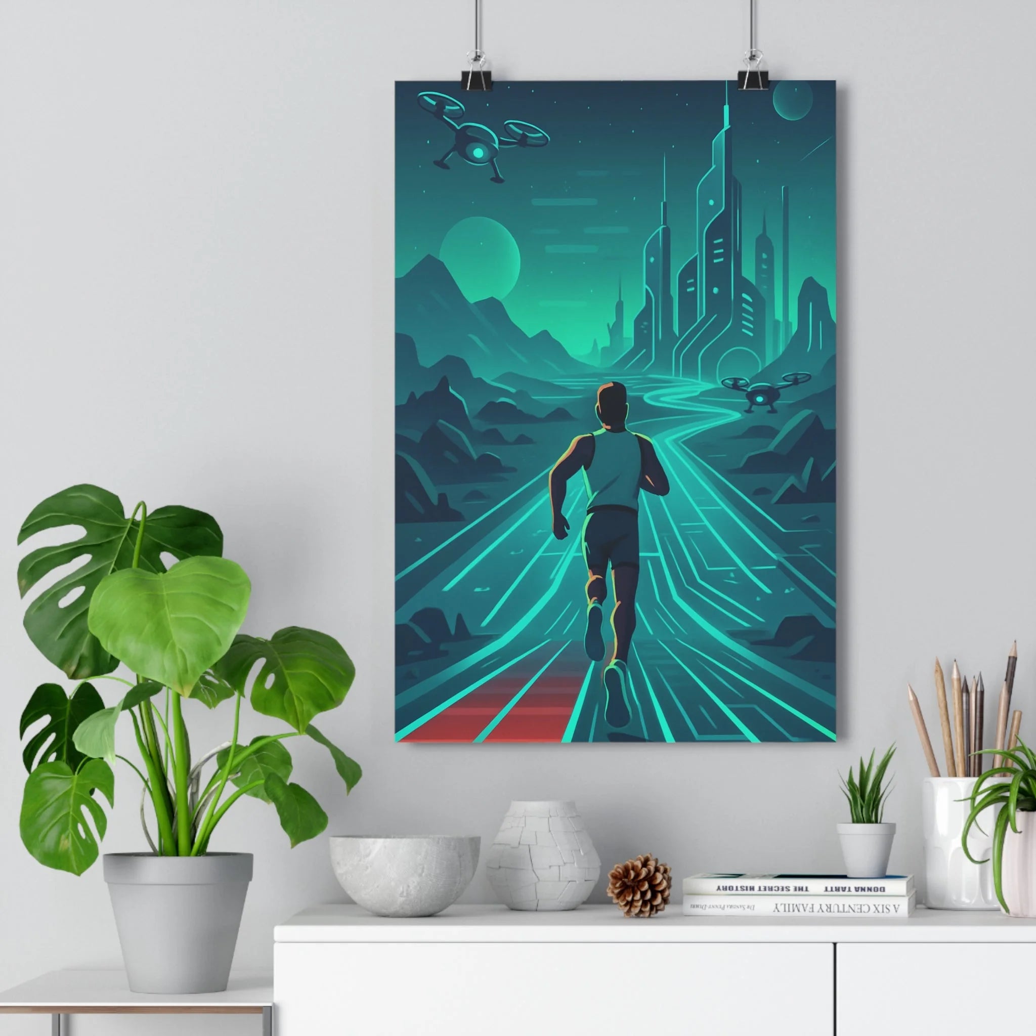 Poster décoratif futuriste bleu rouge cyberpunk bureau chambre moderne captivant design hightech format 30x46
