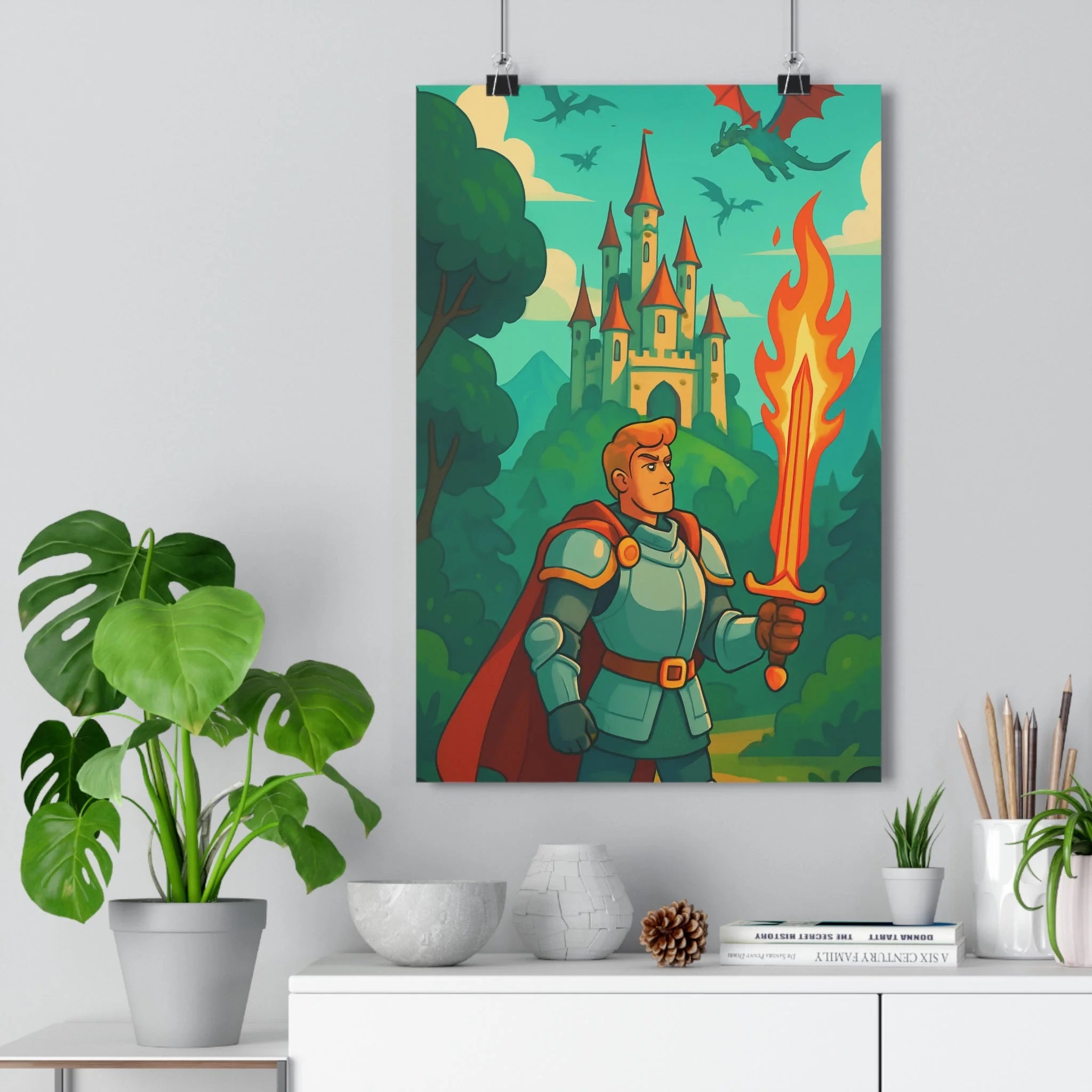 Poster décoratif fantasy épique chevalier château dragons cartoon rouge aventure chambre enfant 30x46 cm