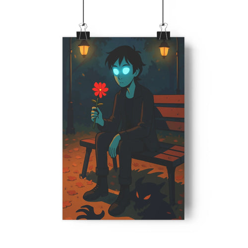 Poster nocturne personnage lumineux yeux bleus fleur rouge banc feuilles mortes lanternes mystérieuses ombres nettes ambiance inquiétante moderne minimaliste salon