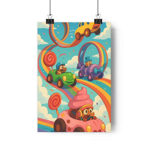 Poster joyeux voitures arcenciel bonbons ciel nuages personnages cartoon enfantin courbes coloré ludique fantaisie sucreries chambre salon
