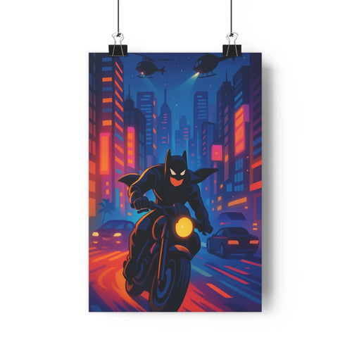 Poster vibrant urbain moto hélicoptère gratte-ciels lumières colorées bleu rouge nuit vitesse énergie moderne salon chambre