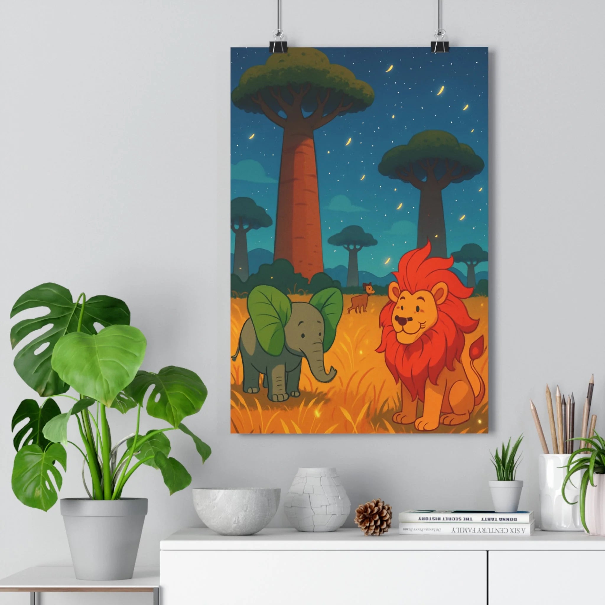 Poster décoratif savane cartoon éléphant lion prairie dorée ciel étoilé joyeux chambre enfant qualité