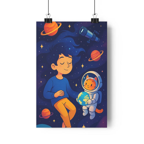 Poster enfant planète globe terrestre chat astronaute plantes étoiles télescope étagère livres crayons couleurs pastel ambiance douce univers spatial fantastique