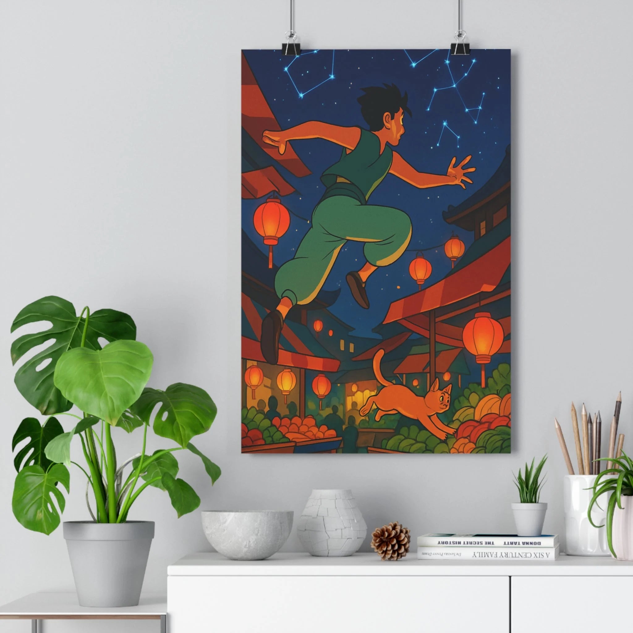 Poster décoratif vibrant scène nocturne aventure magique enfant chat étoilé chambre fantaisie couleurs rêveur