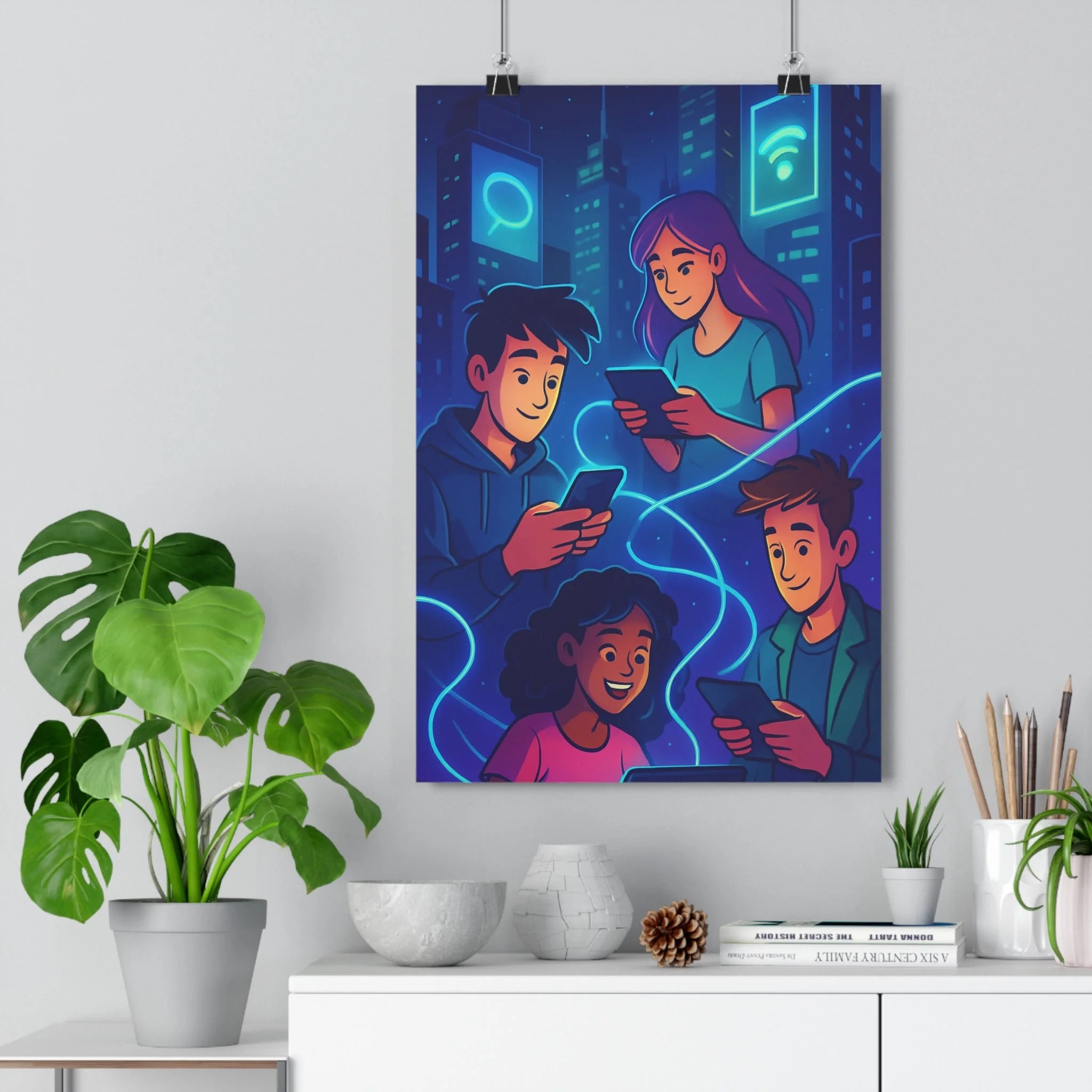 Poster décoratif cartoon futuriste moderne bureau dynamique lumineux coloré connexion électronique urbain personnages interactif