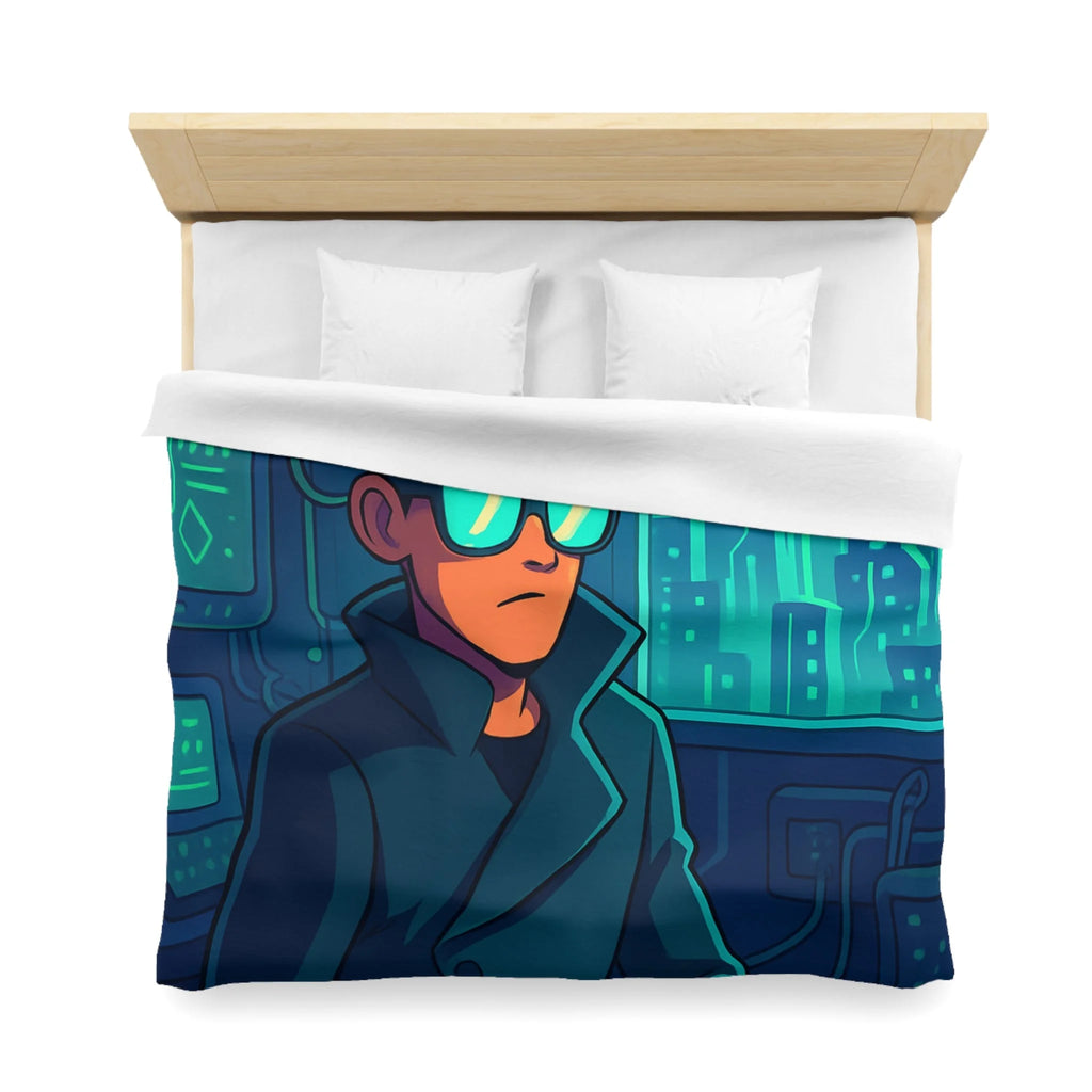 Housse de couette urbaine homme élégant en manteau dans appartement futuriste avec écran