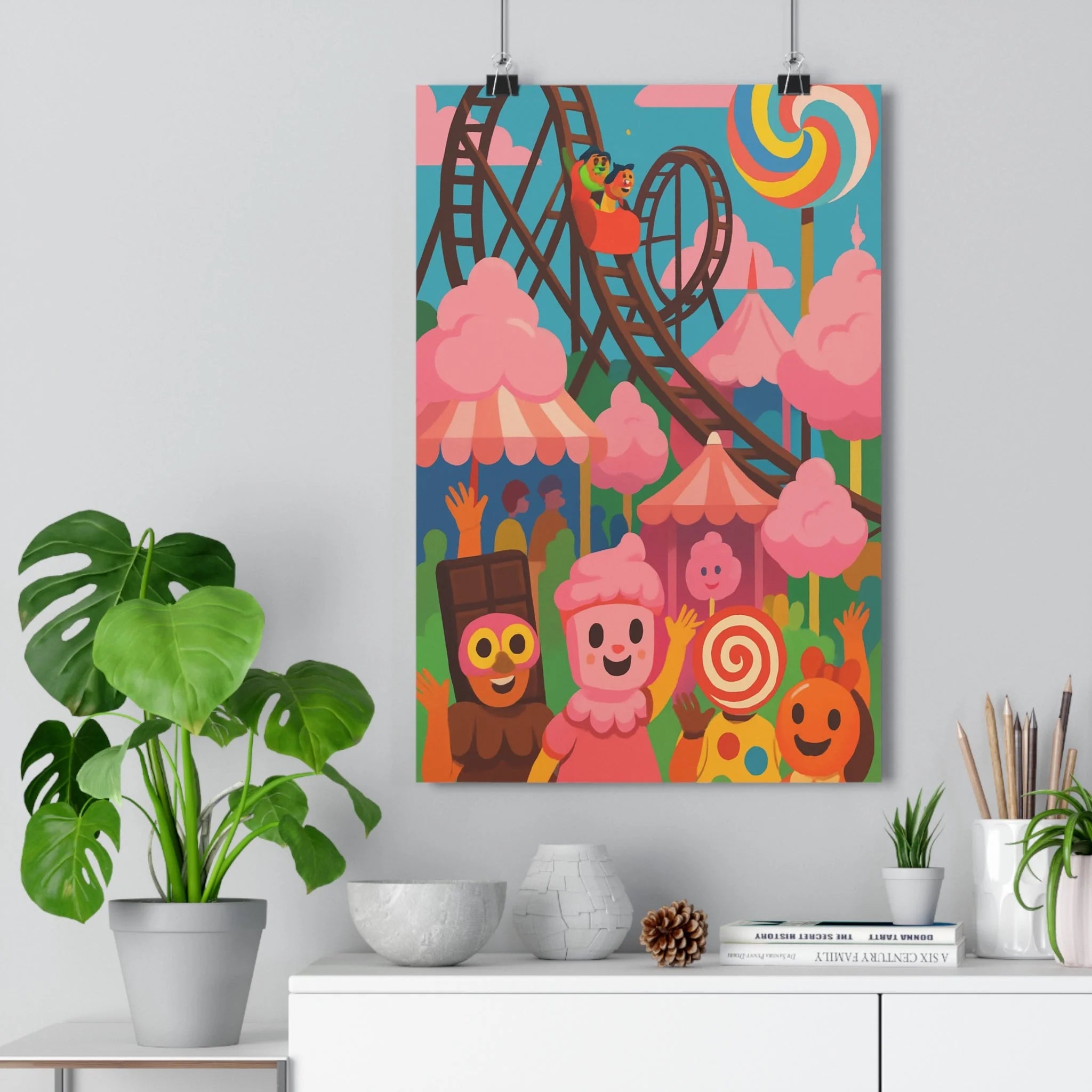 Poster décoratif cartoon rose bleu marron ludique joyeux chambre enfant fête foraine rétro ambiance
