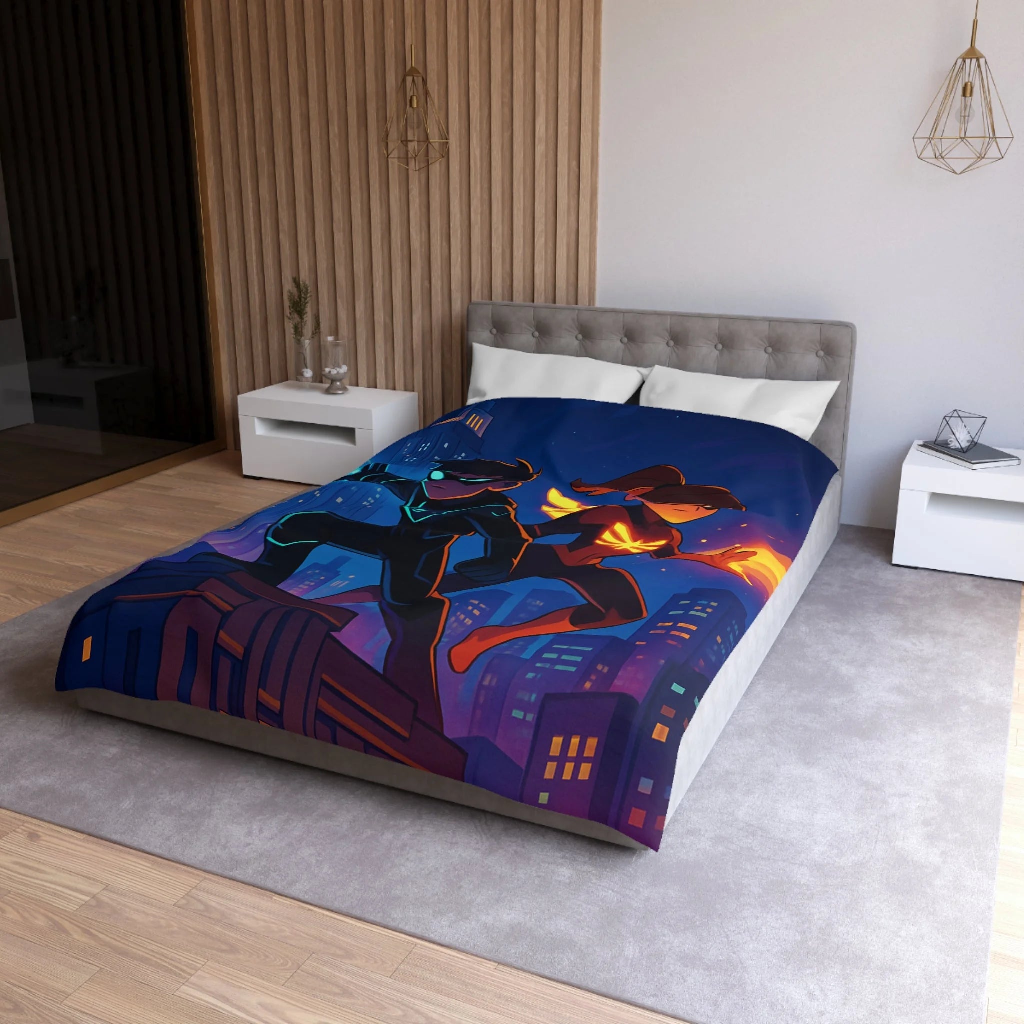Housse de couette super-héros urbain : ambiance dynamique, couleurs vives, motifs modernes et audacieux