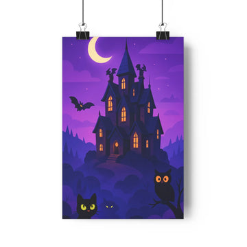 Poster gothique château lumière dorée nuages sombres lune jaune chats hibou ombres douces contours nets violet noir ambiance mystérieuse nuit
