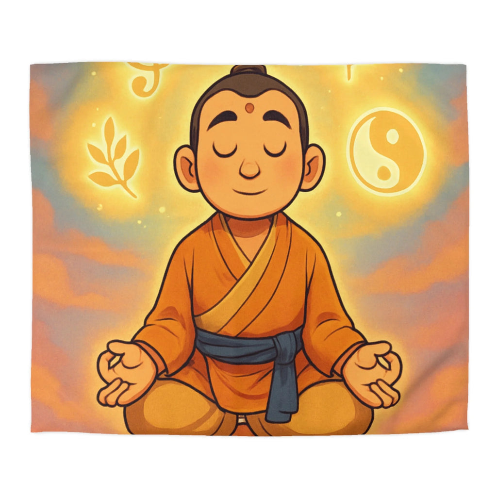 Housse de couette zen avec méditation, symboles spirituels, orange et bleu apaisant