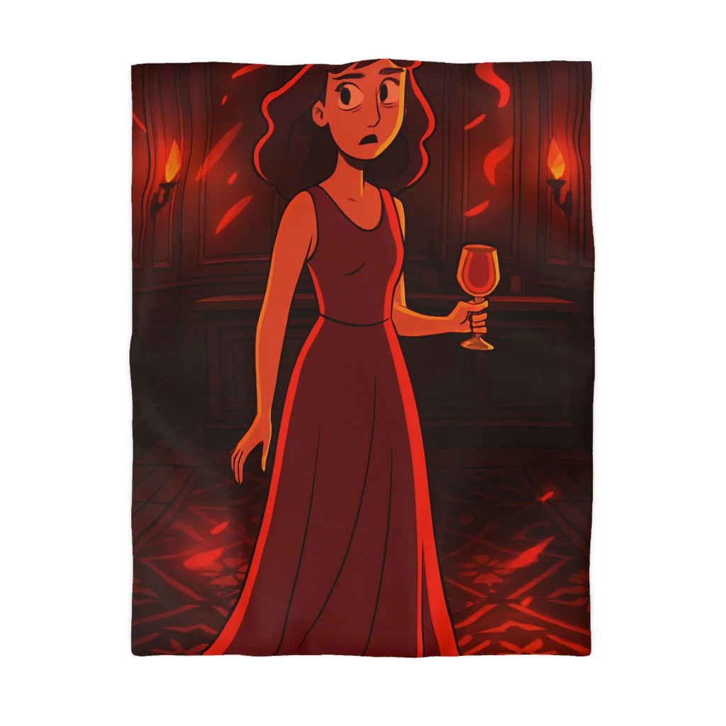 Housse de couette rouge élégante avec motif femme et reflets lumineux mystérieux
